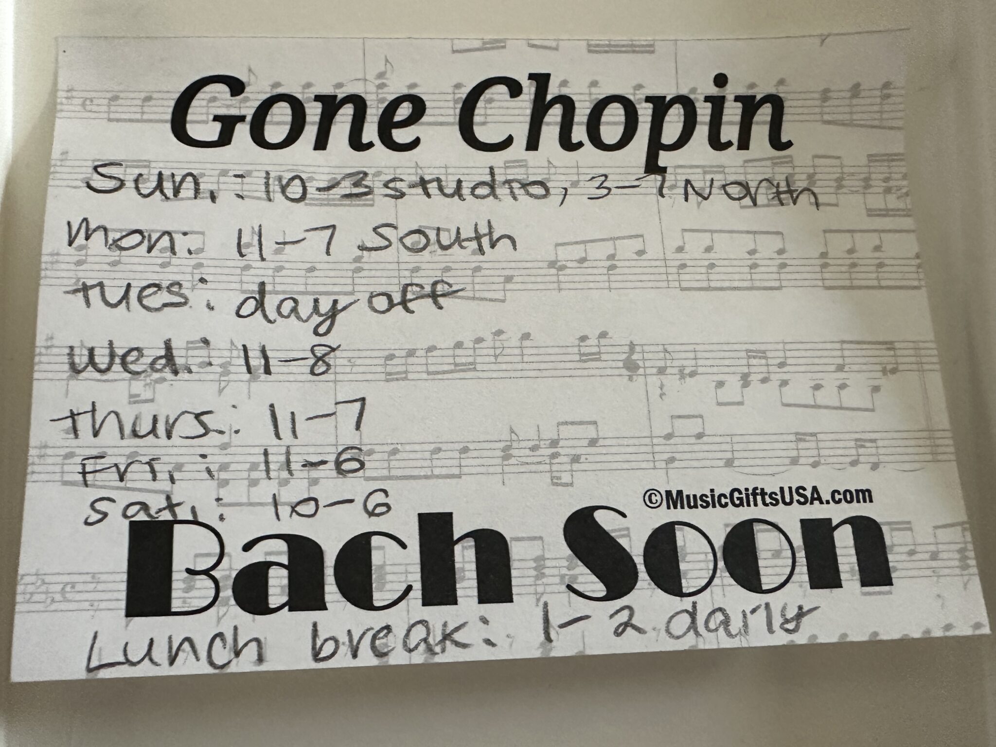 Sheet music schedule with music pun.