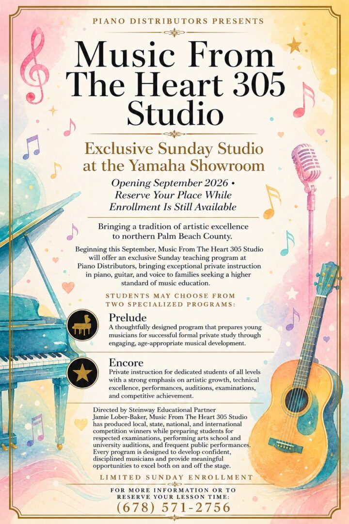 Music studio flyer featuring piano, guitar, microphone